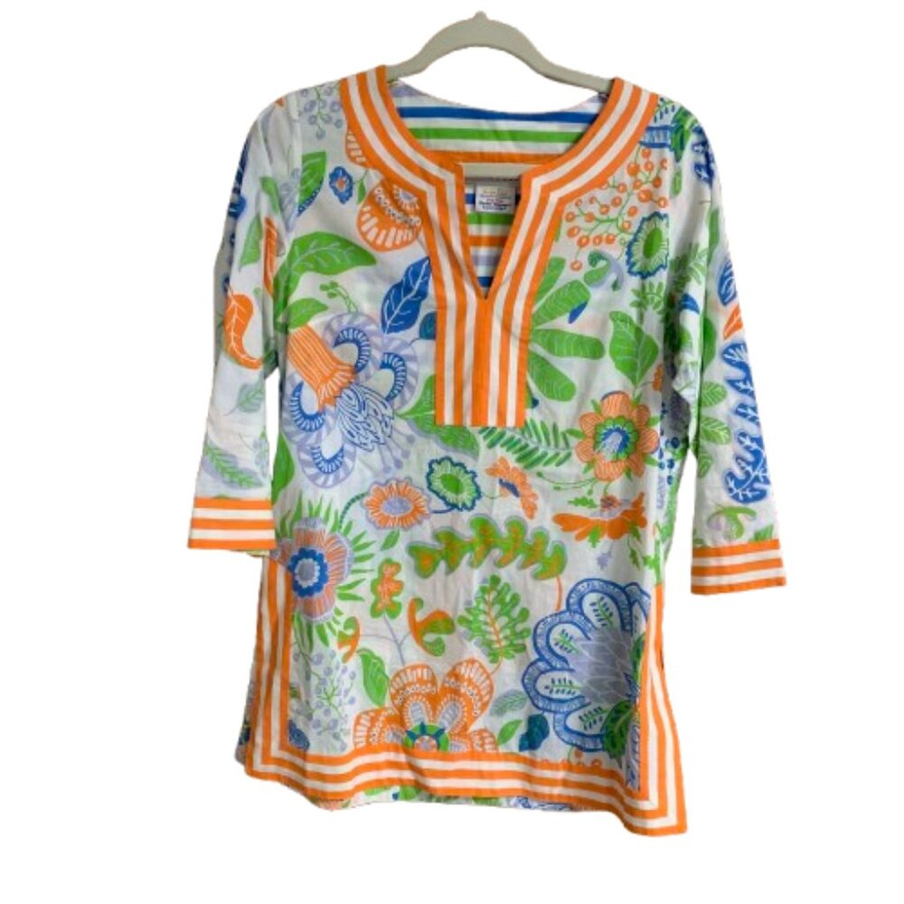 Gretchen Scott Floral Striped Women's Small V-Neck Relaxed Tunic Top Blouse EUC